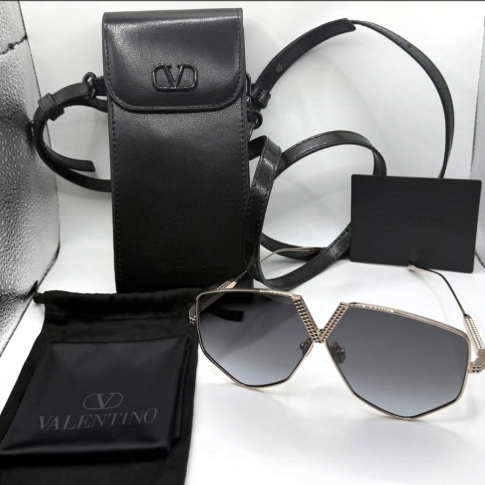 Valentino Black Leather Crossbody Phone Pouch with Gold-Trim Sunglasses